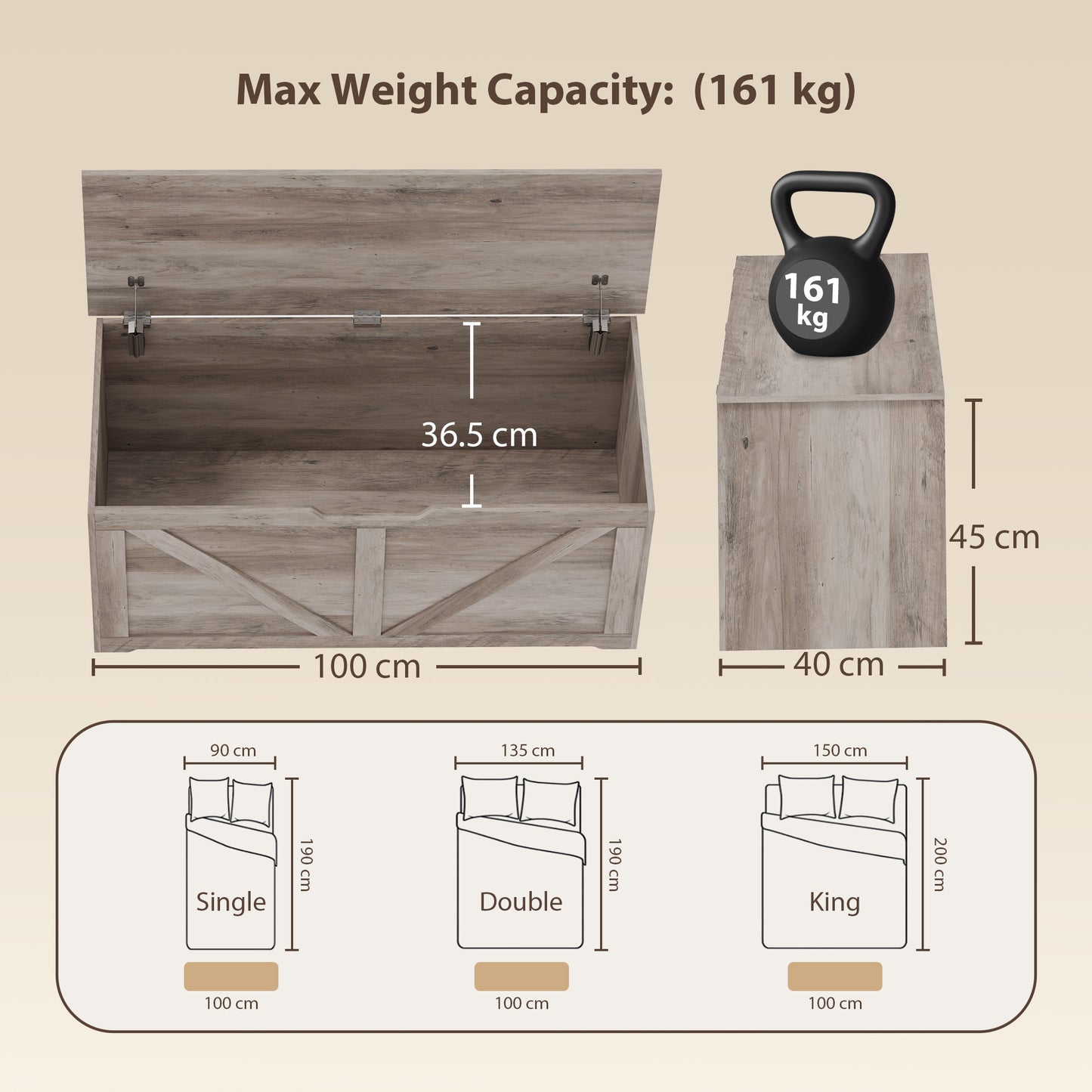 HOMCOM 127L Storage Box Bench With Safety Hinges Grey Wood Effect Durable Particle Board