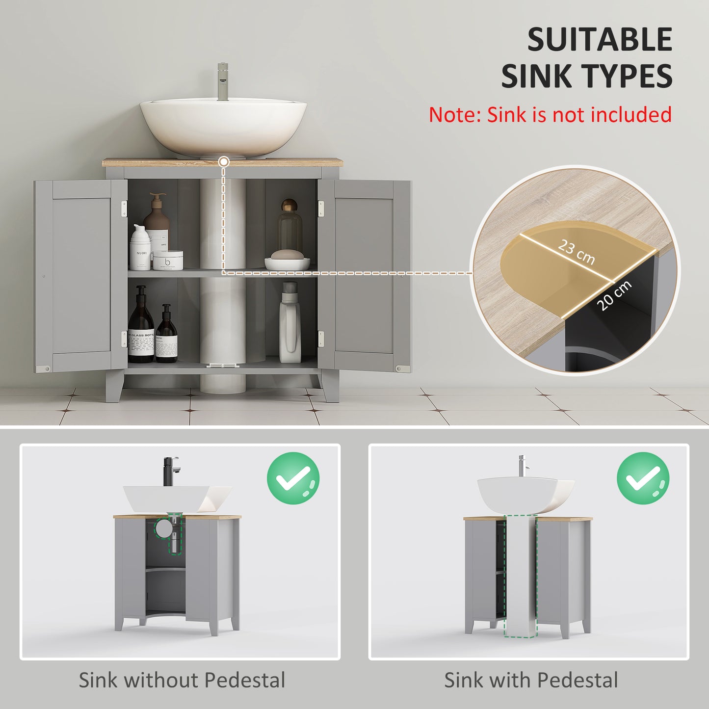 Kleankin Under Sink Cabinet With Two Doors Pedestal Design Freestanding Bathroom Cupboard Grey Adjustable Shelf
