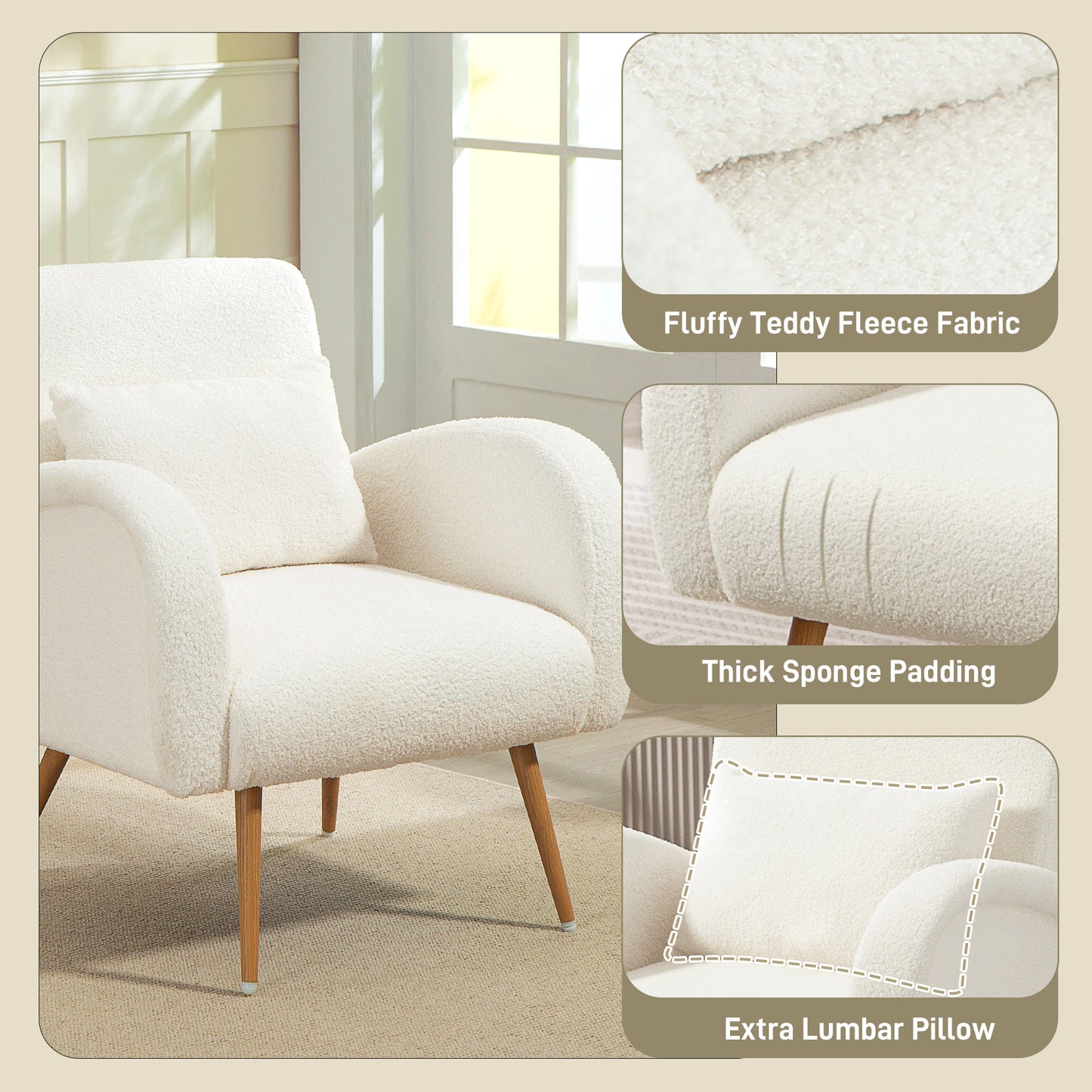 HOMCOM Teddy Fleece Accent Chair Cream White With High Resilience Foam And Removable Washable Lumbar Cushion
