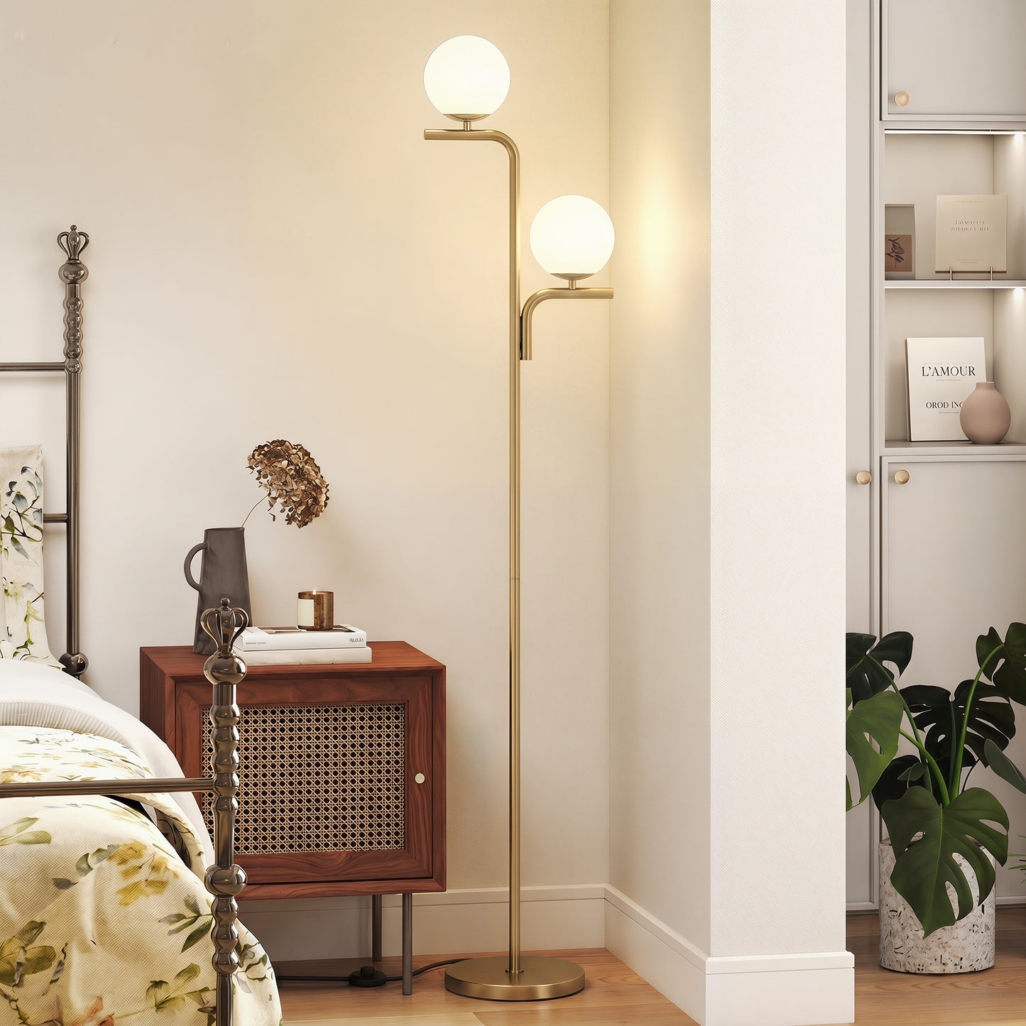 HOMCOM LED Floor Lamp Three Colour Temperatures Modern Standing Lamp With Globe Glass Shades And Foot Switch Gold Tone