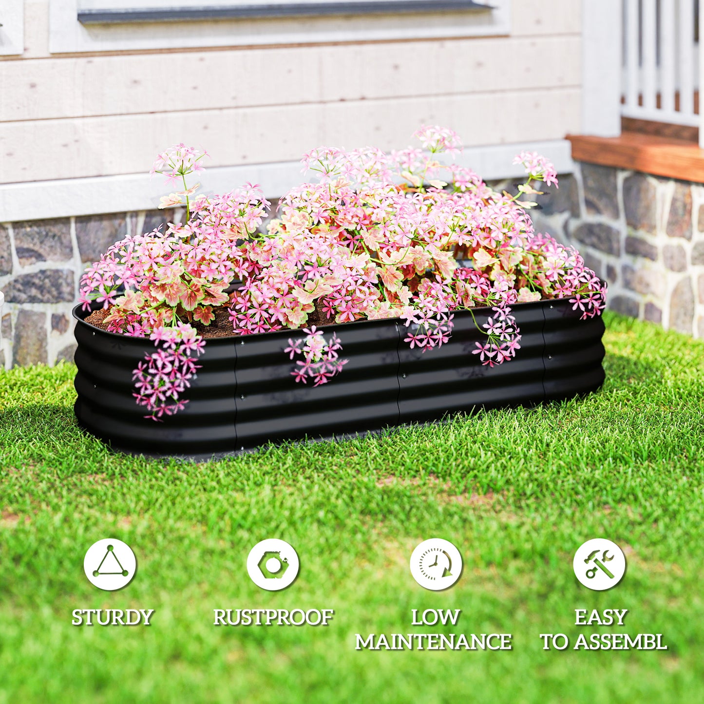 Outsunny Galvanised Raised Garden Bed Metal Planter Box With Safety Edging For Flowers Herbs And Succulents Black