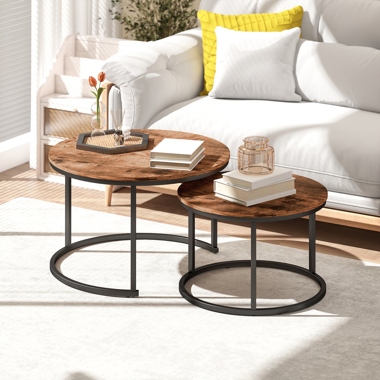 HOMCOM Coffee Table Set of 2 Round Nesting Tables with Metal Frame Rustic Brown Modern Living Room Side Tables