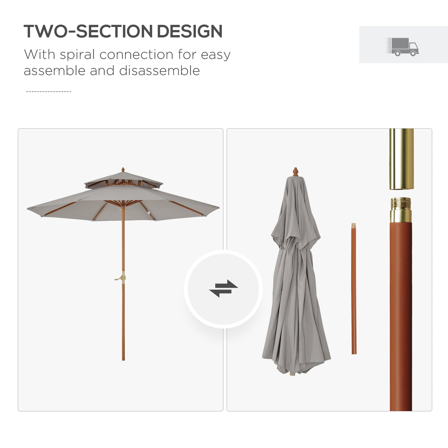 Outsunny 2.7m Elegant Wooden Frame Parasol Umbrella For Garden Table With Poplar Wood And Bamboo Ribs Grey