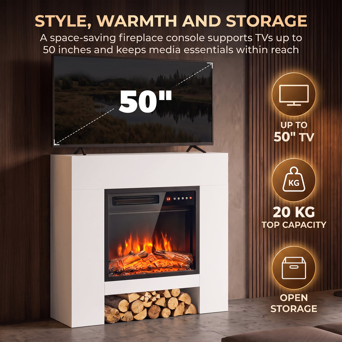 White electric fireplace TV cabinet with 3D flame display and open storage niche
