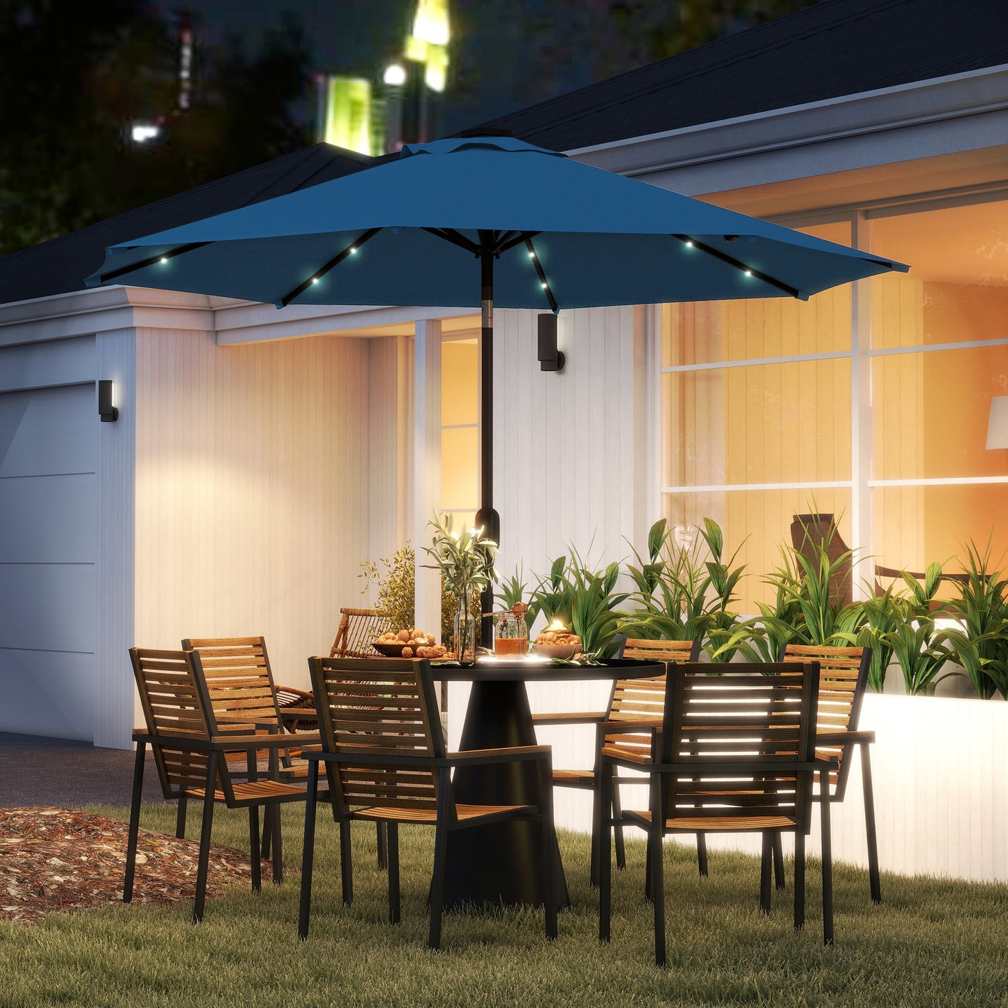 Outsunny 2.7m LED Light Parasol Umbrella Blue With 24 Solar Powered LEDs For Nighttime Ambience
