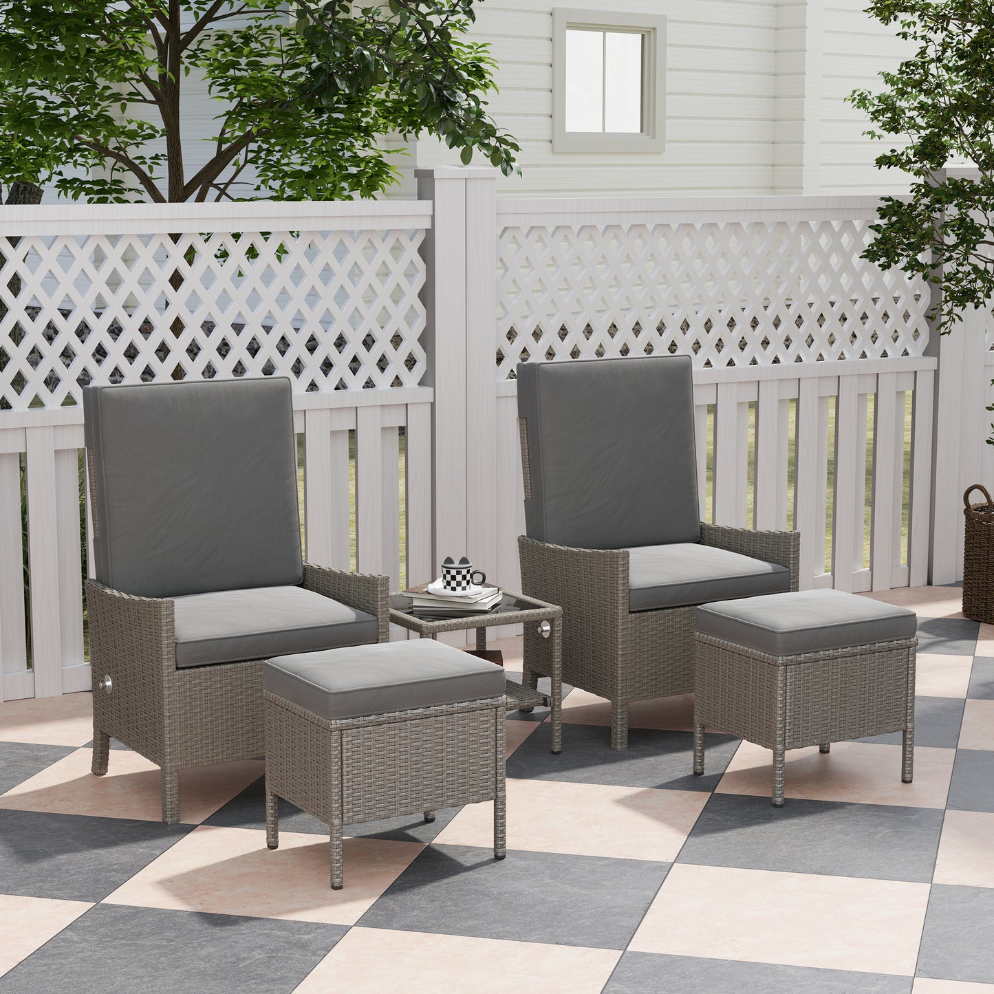 Outsunny 5 Piece Rattan Garden Furniture Set With 2 Armchairs 2 Footstools And Glass Top Coffee Table In Dark Grey
