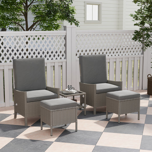 Outsunny 5 Piece Rattan Garden Furniture Set With 2 Armchairs 2 Footstools And Glass Top Coffee Table In Dark Grey