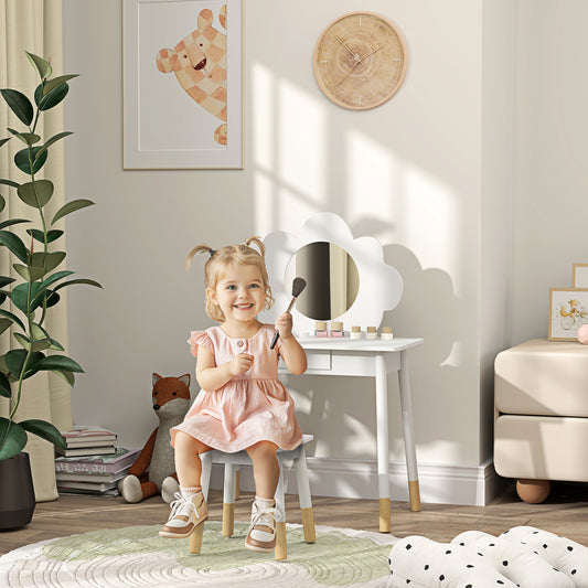 AIYAPLAY Kids Dressing Table Set With Mirror And Stool Drawer Cloud Design White