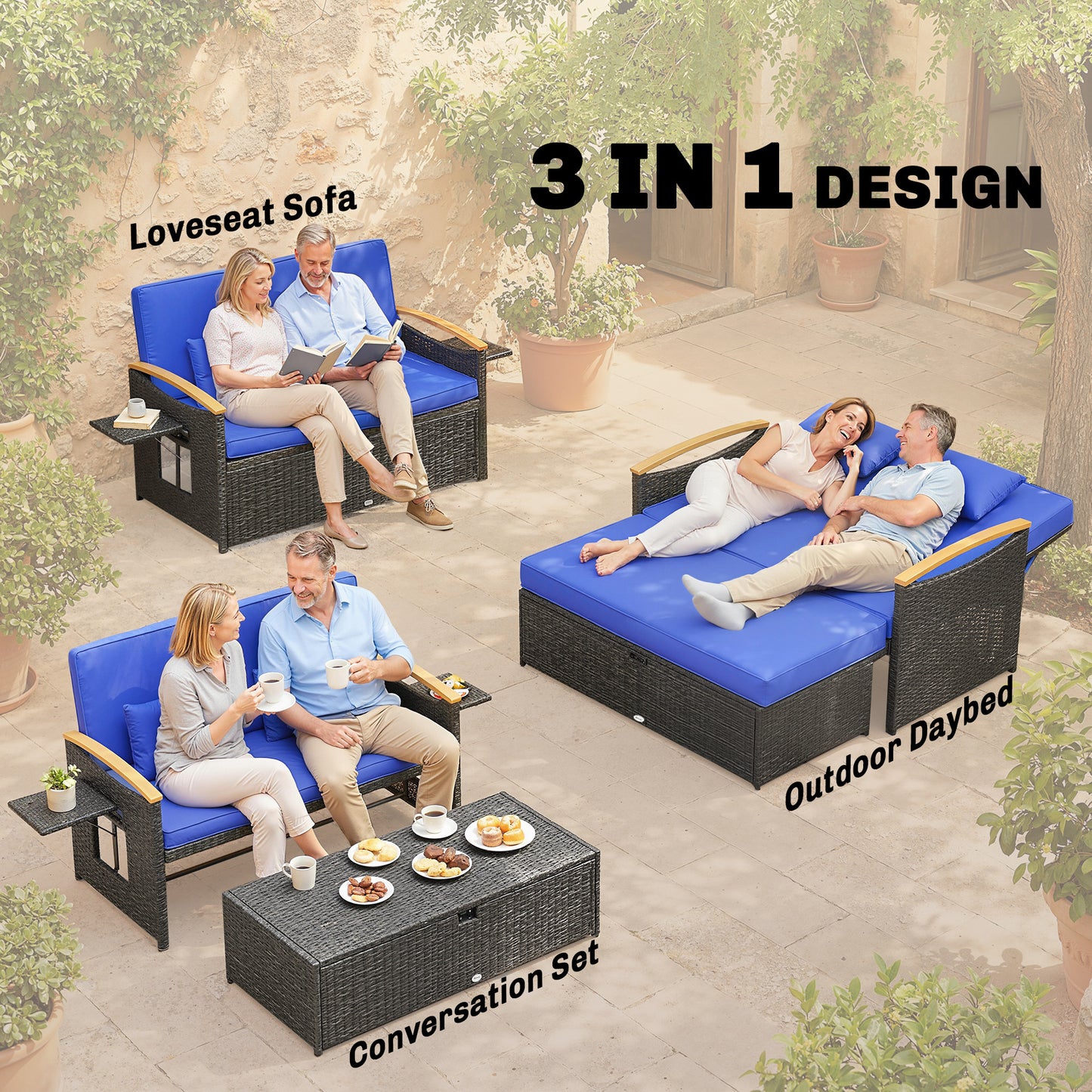 Outsunny Double Garden Rattan Daybed With Storage Ottoman And Five Level Adjustable Backrest Brown