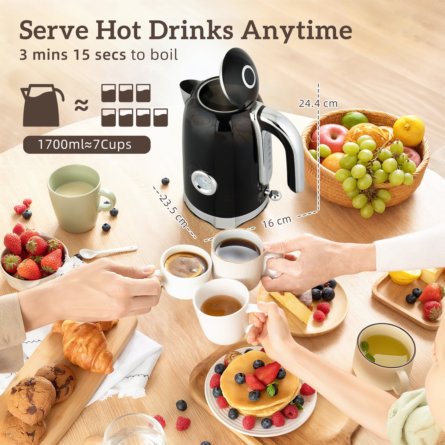 HOMCOM Retro 3000W Kettle and Toaster Set Black with 1.7L Kettle Capacity for Seven Cups