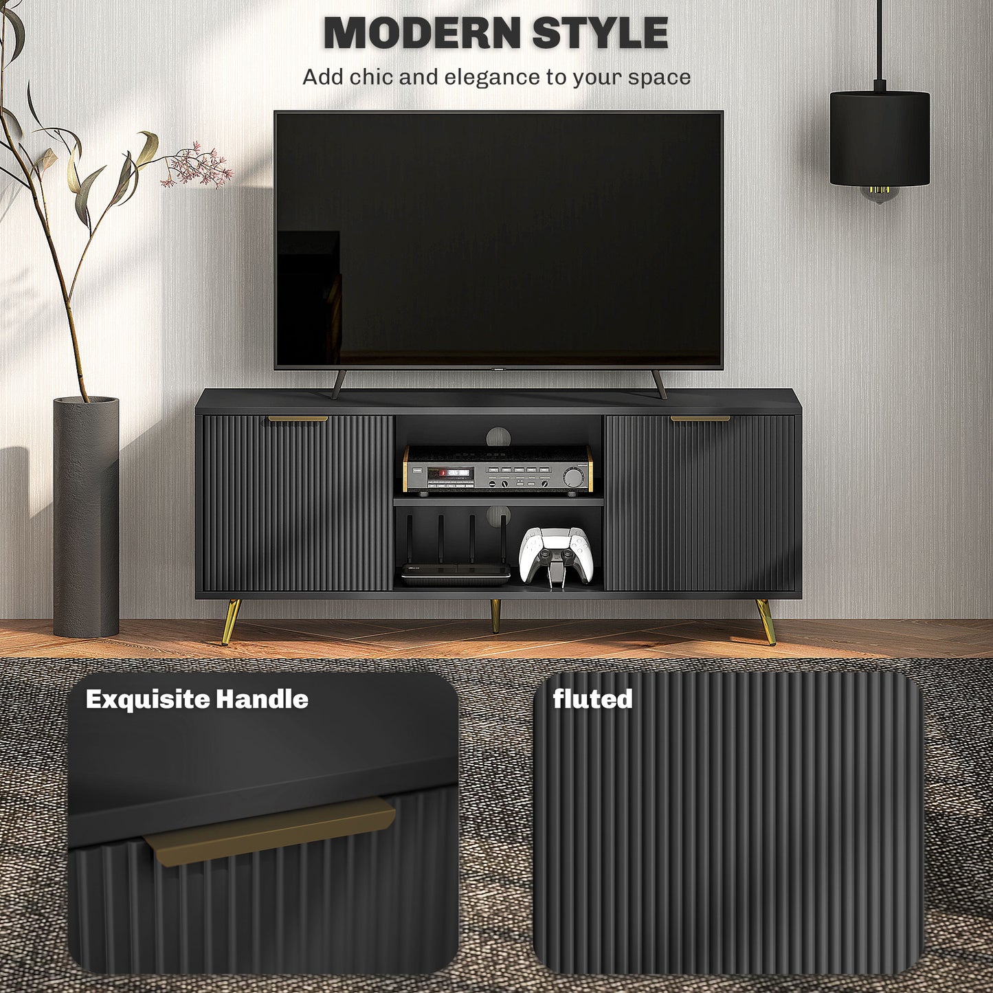 HOMCOM Modern TV Stand Cabinet For TVs Up 55Inch With Open Shelves And 2 Cabinets Cable Management Living Room Black