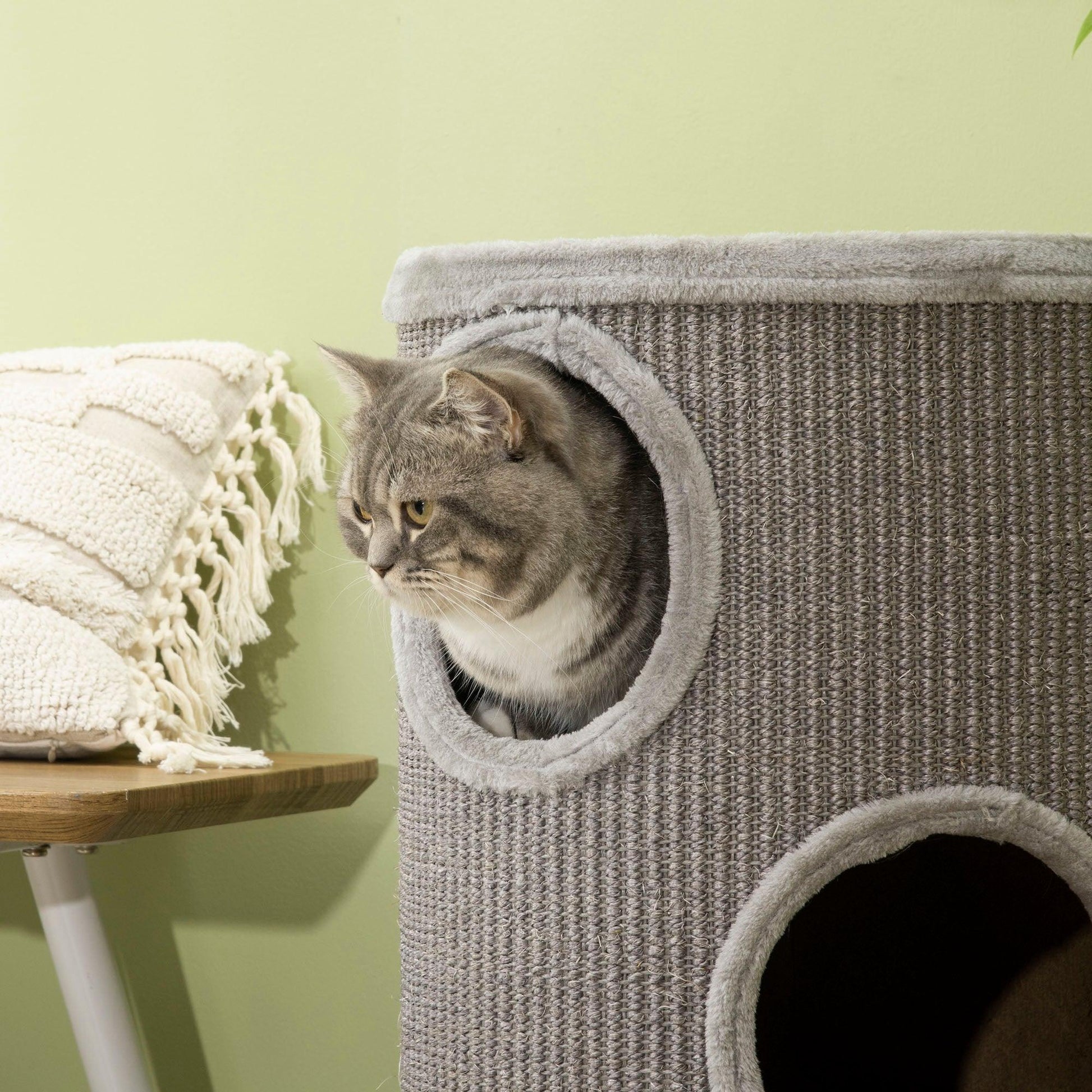 PawHut Cat Climbing Frame, Covered with Sisal, Cosy Platform - Light Grey - ALL4U RETAILER LTD