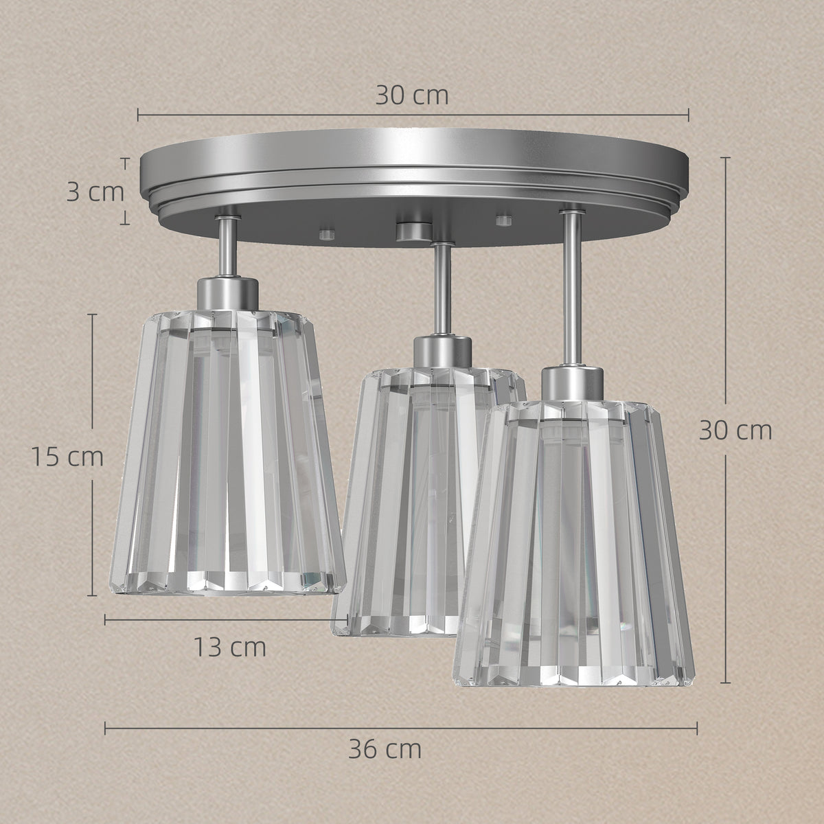 HOMCOM 3 Light Crystal Glass Ceiling Light With 3 E27 Sockets Silver