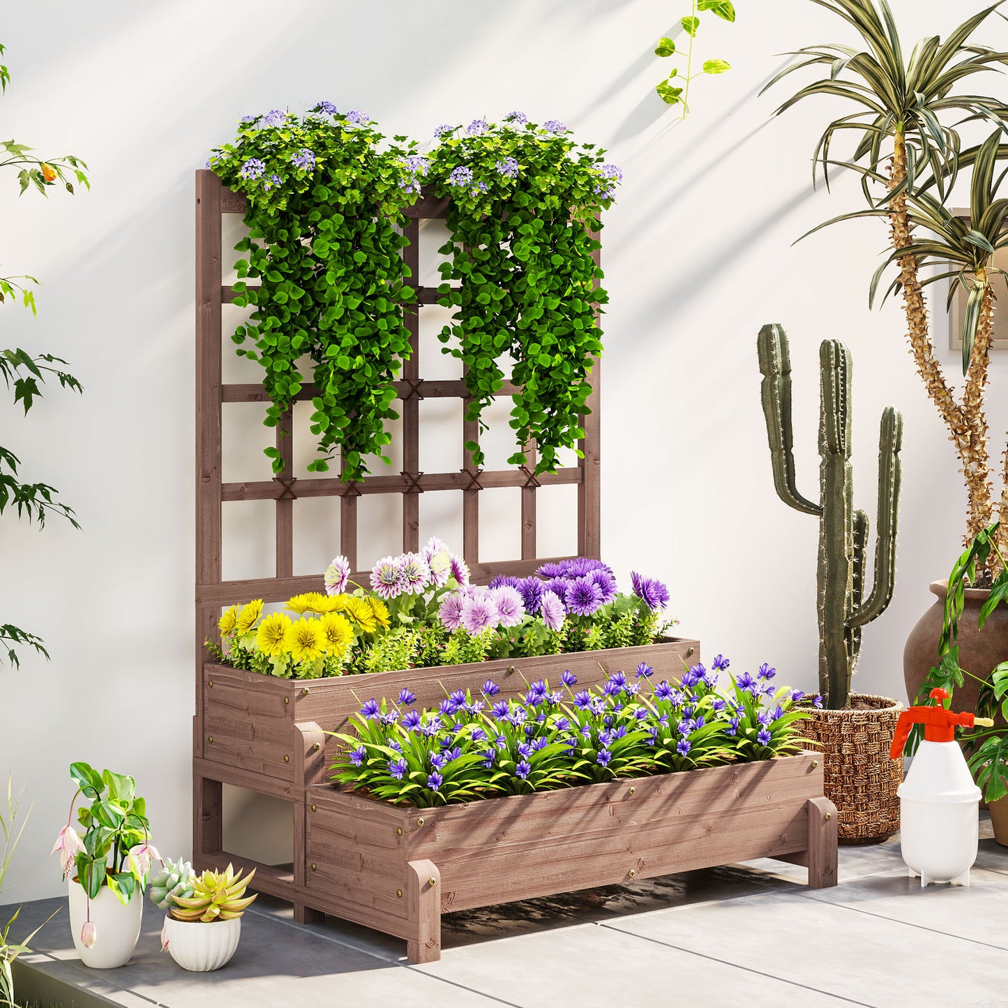 Outsunny 2 Tier Raised Garden Bed With Trellis Wooden Planter Box Drainage Holes For Climbing Plants