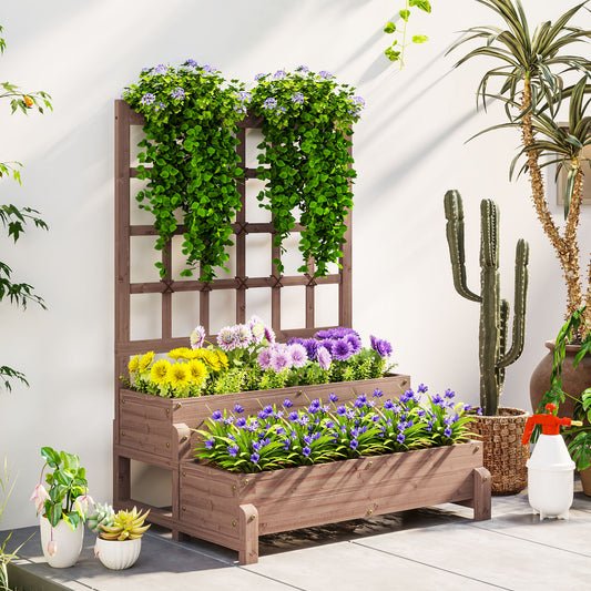 Outsunny 2 Tier Raised Garden Bed With Trellis Wooden Planter Box Drainage Holes For Climbing Plants