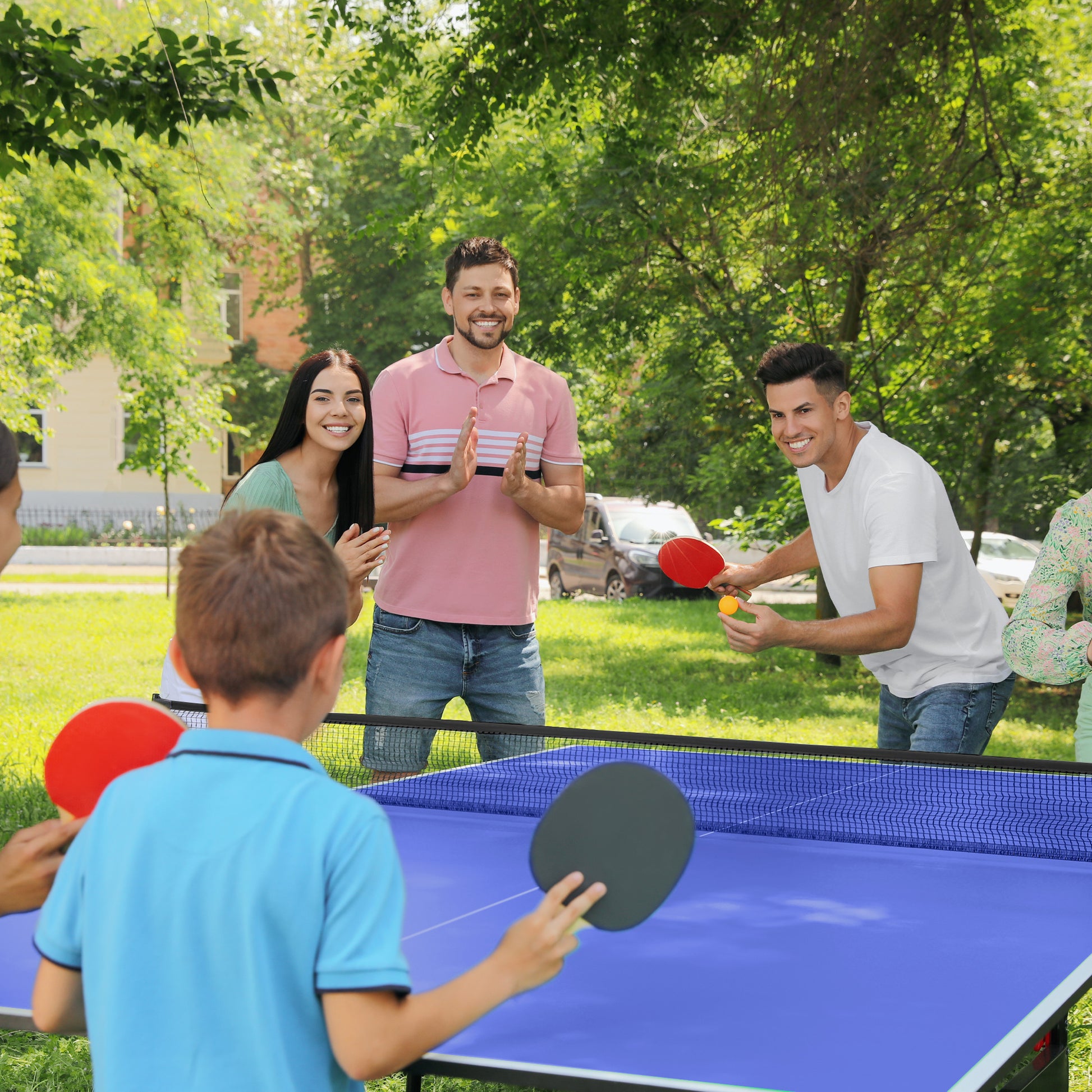 SPORTNOW 9FT Portable Table Tennis Table Set with Cover, Net, Paddles, and Balls - Blue - ALL4U RETAILER LTD