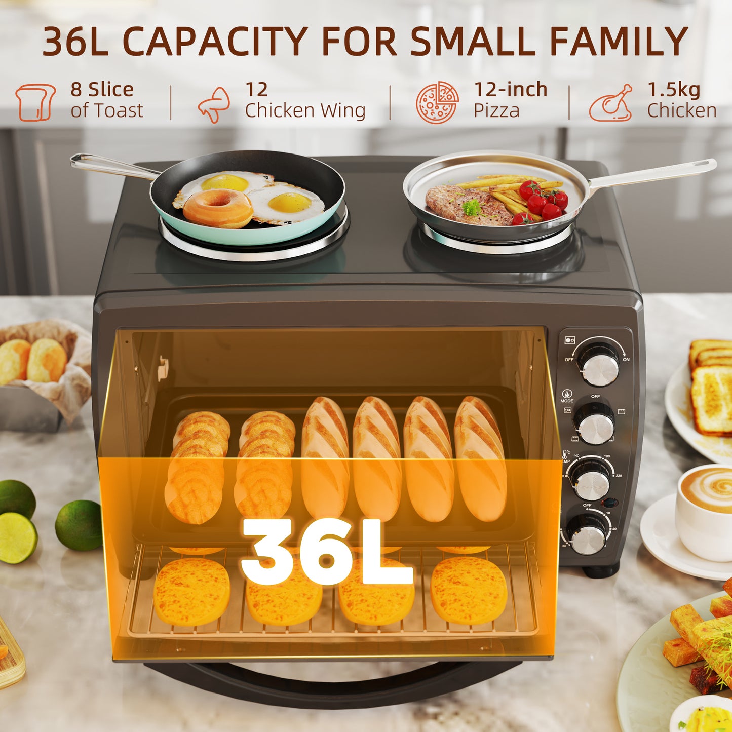 HOMCOM 36L Compact Oven With Dual Hot Plates, Countertop Toaster Oven For Grill, Bake, Roast, Boil, 2600W Black