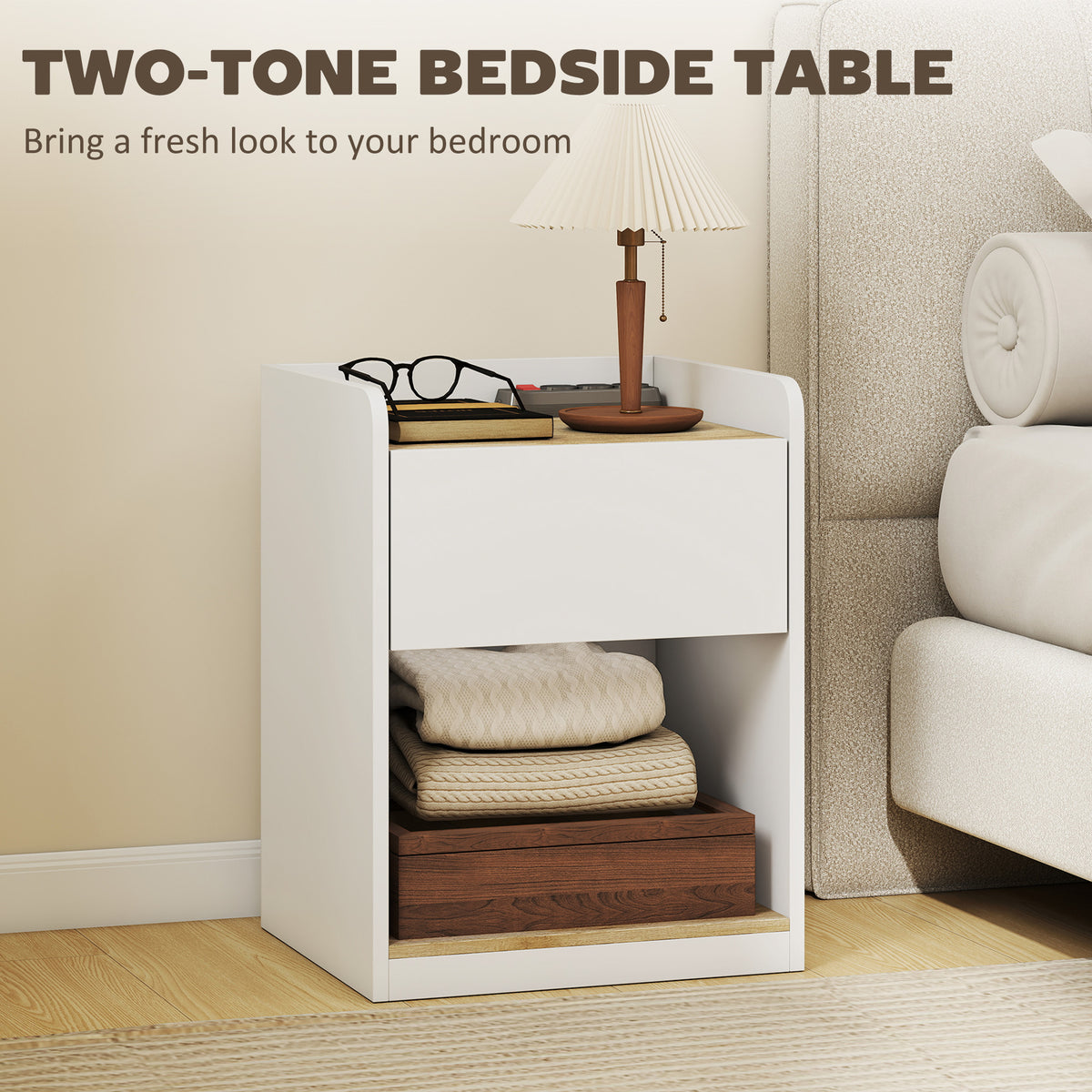 HOMCOM Slim Bedside Table With Drawer Open Shelf And Cable Holes White Oak