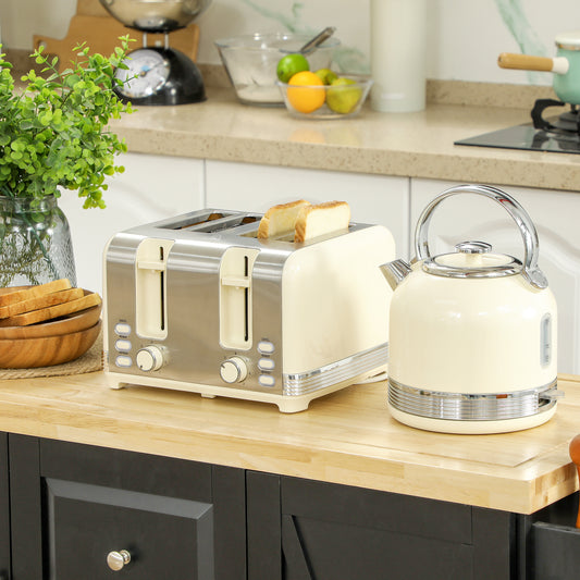 HOMCOM Cream Polished Stainless Steel Kettle and Toaster Set With Fast Boil 3000 Watt Kettle and Four Slice Toaster