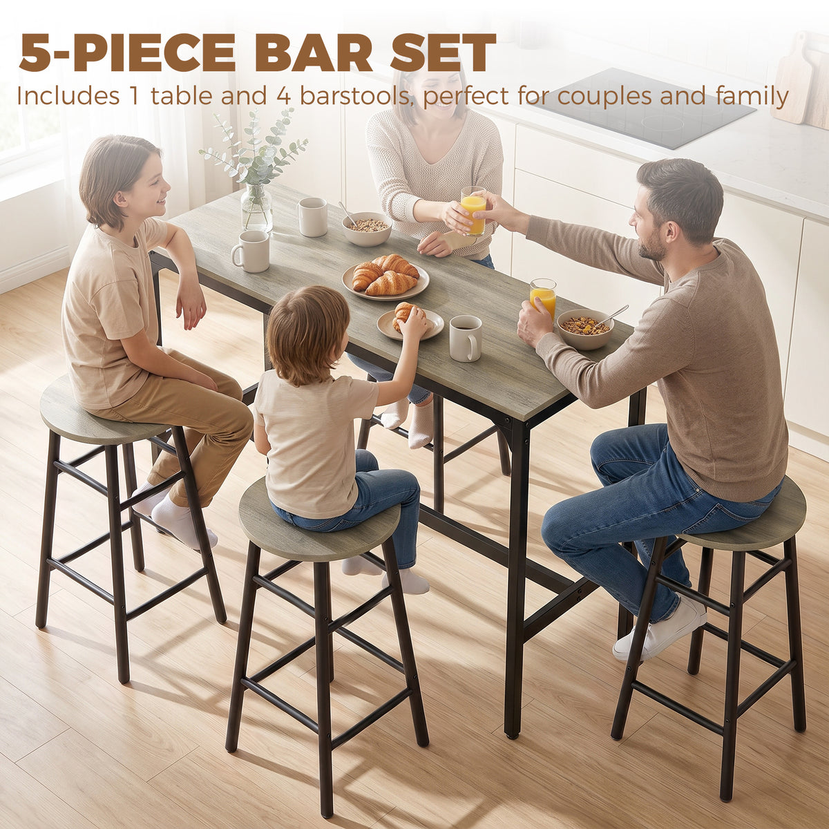 Homcom 5 Piece Industrial Bar Table Set With 4 Tall Grey Stools