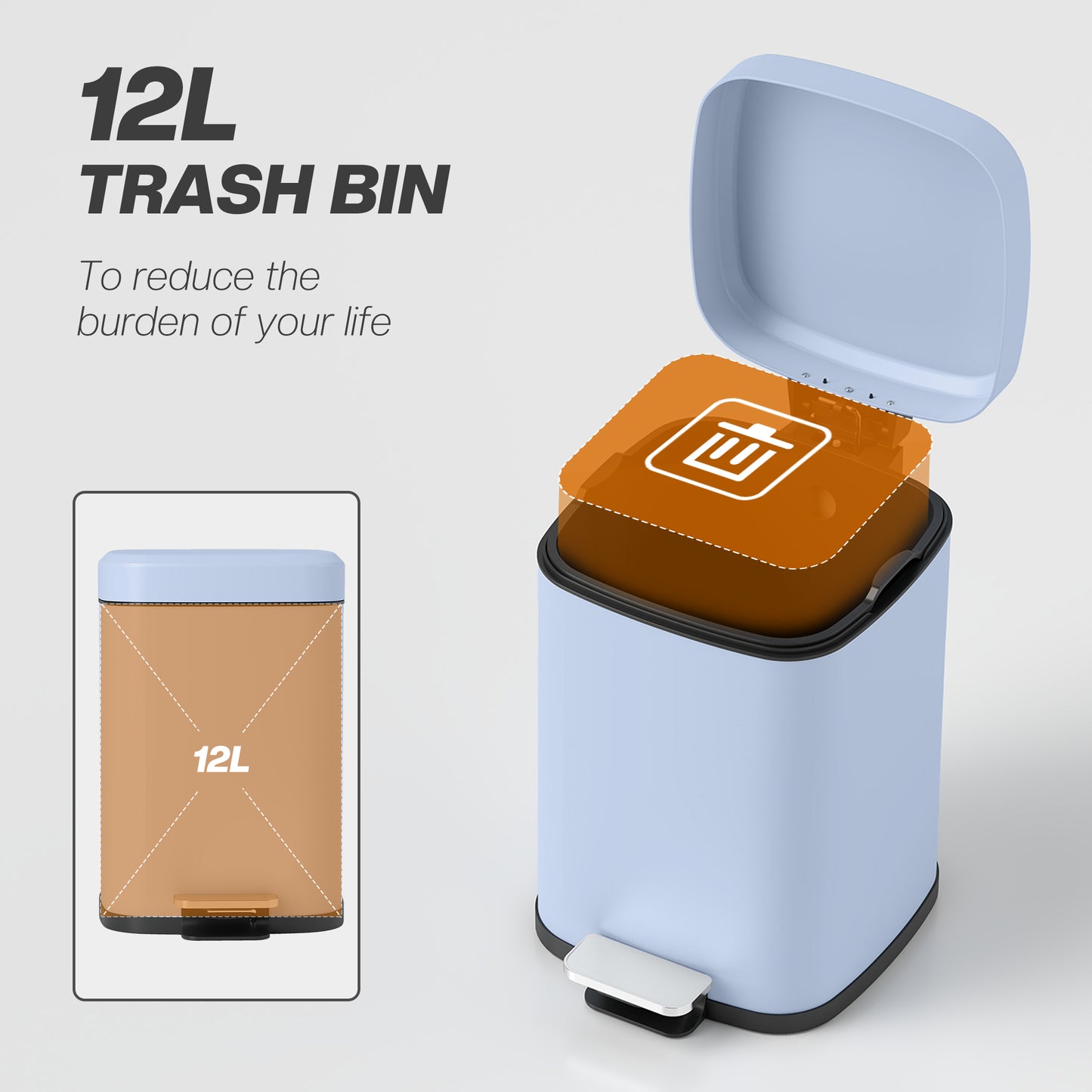 HOMCOM 12L Modern Boxy Metal Kitchen Bin With Pedal And Soft Close Light Blue Lid