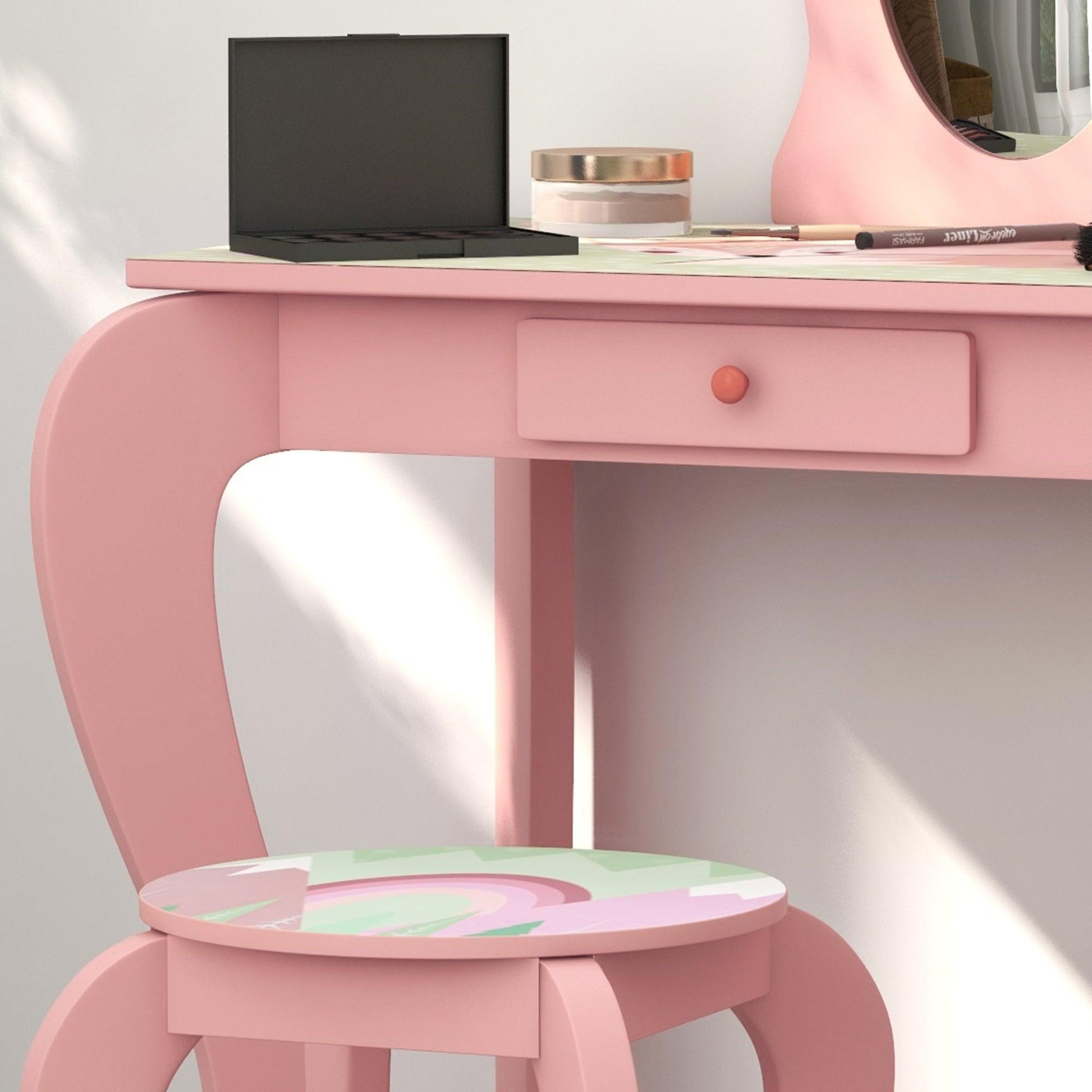 ZONEKIZ Kids Dressing Table with Mirror and Stool, Girls Vanity Table - Pink - ALL4U RETAILER LTD