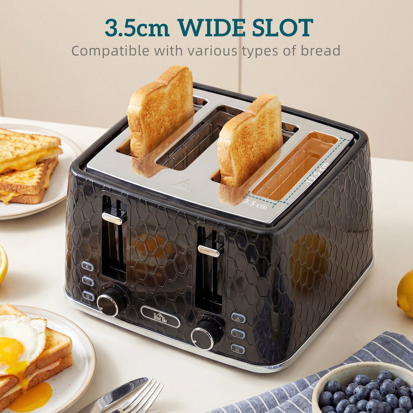 HOMCOM Kettle And Toaster Set 1.7L 3000W Rapid Kettle With Strix Thermostat 4 Slice Toaster 7 Browning Controls Black