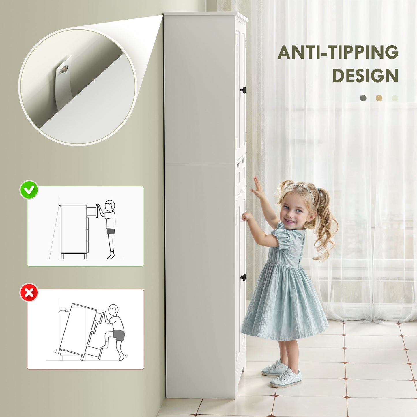 HOMCOM Tall White Bathroom Storage Cabinet With Drawer And Double Cupboards For Bathroom Or Kitchen Pantry And Sideboard