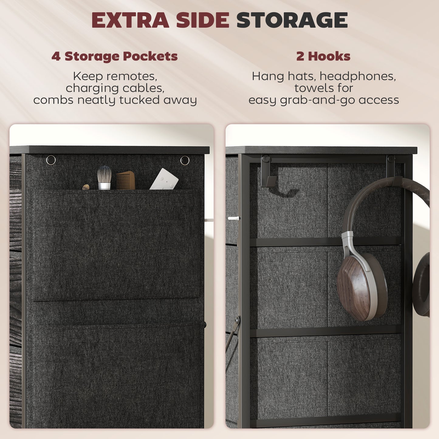 HOMCOM Fabric Chest of Ten Drawers with Steel Frame Black Six Small and Four Large Drawers, Four Pockets and Two Hooks