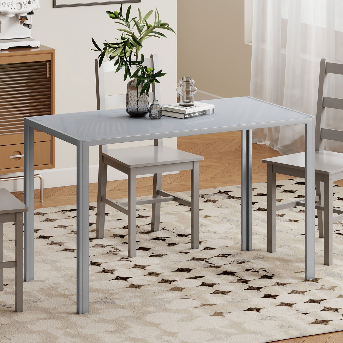 HOMCOM 120cm Dining Table Rectangle 4 Seater Kitchen Table With Tempered Glass Top And Metal Legs Grey