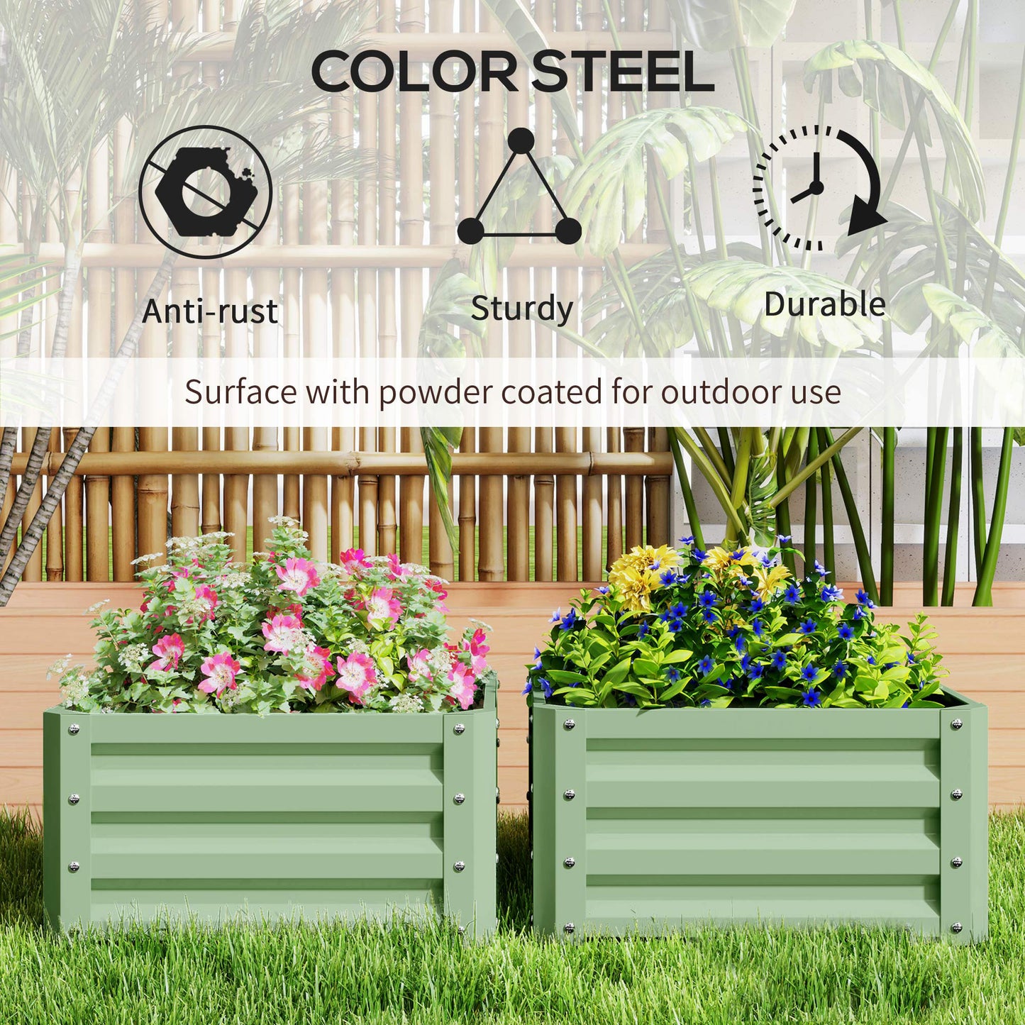 Outsunny Set of Two 60 by 60 cm Galvanised Steel Planter Boxes Open Bottom Outdoor Garden Light Green