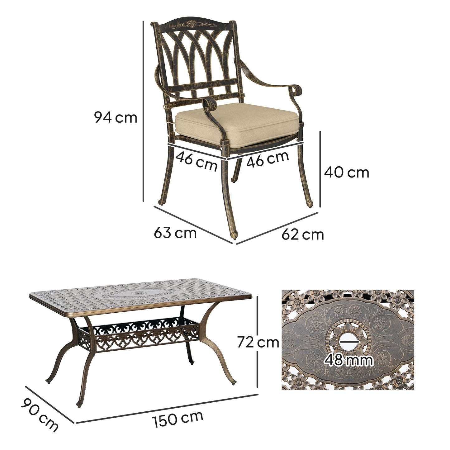 Outsunny Seven Piece Cast Aluminium Garden Dining Set In Bronze Tone With Rectangular Table And Six Chairs
