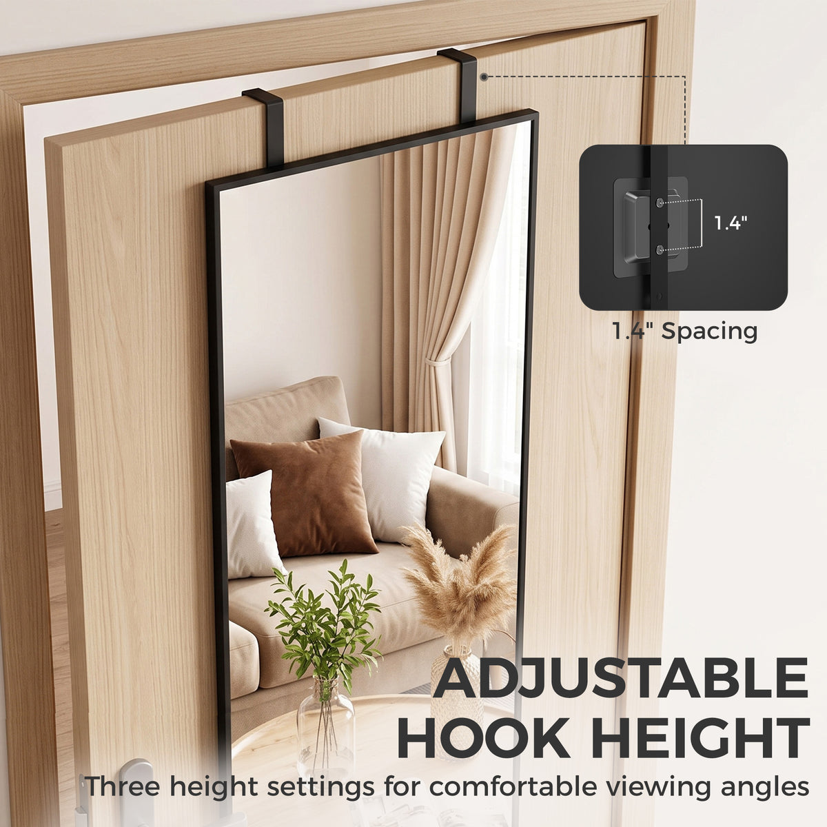 Black-framed full-length mirror with adjustable hook height and viewing angle