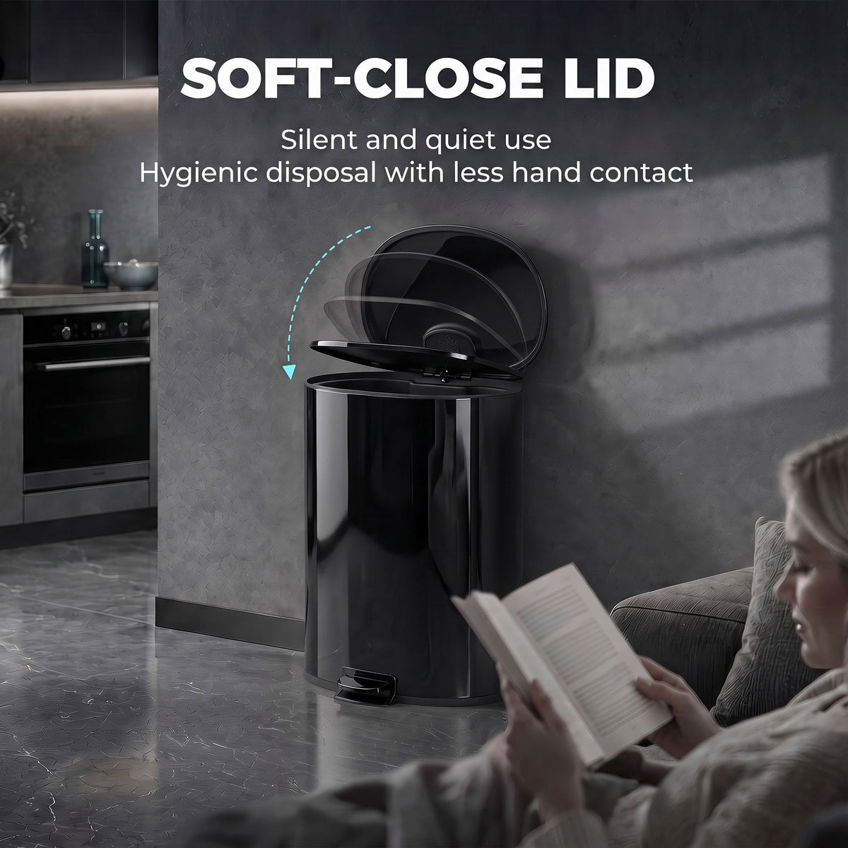 Black kitchen pedal bin with soft-close style lid closed and pedal foot lever