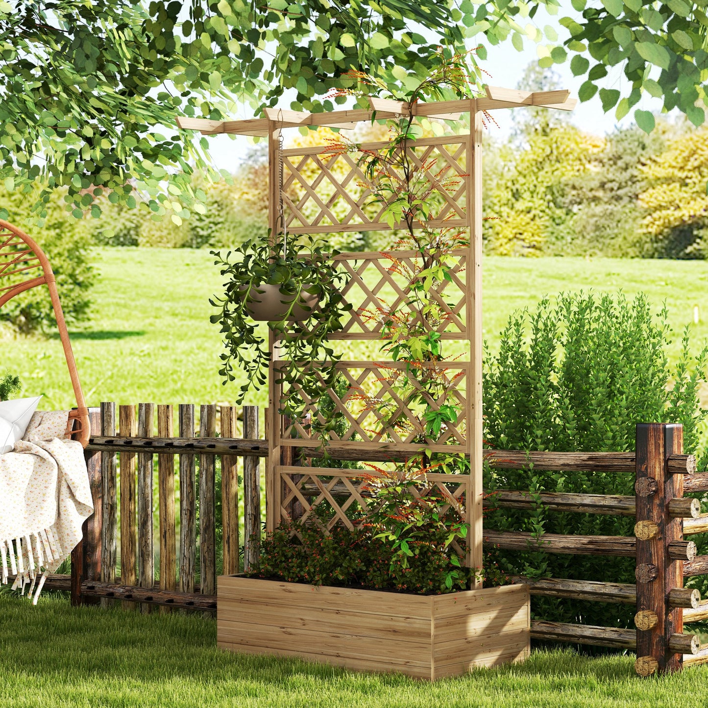 Outsunny Elevated Wooden Planter with Trellis for Growing Vegetables, Herbs, and Flowers - Natural Finish - ALL4U RETAILER LTD