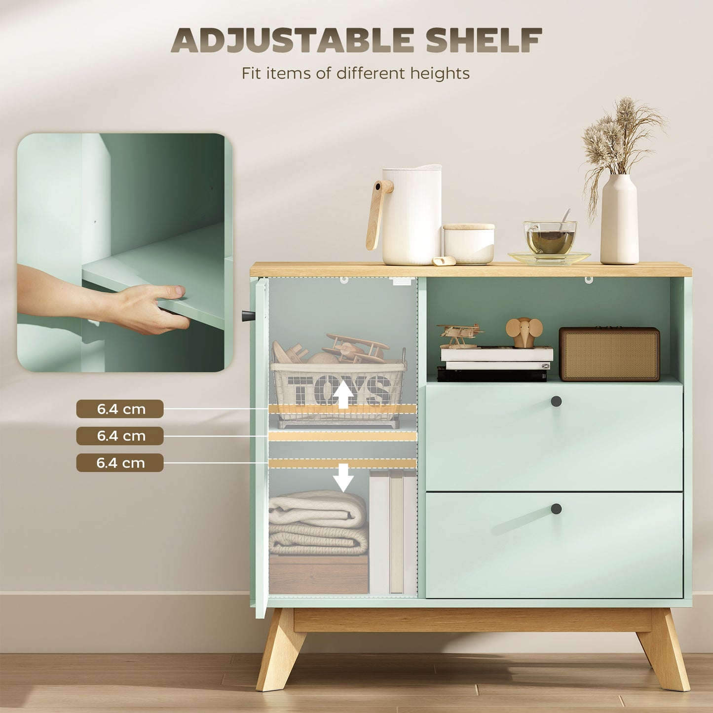 HOMCOM Light Green And Oak Sideboard Storage Cabinet 80 Cm Buffet With 2 Drawers Open Compartment Adjustable Shelf