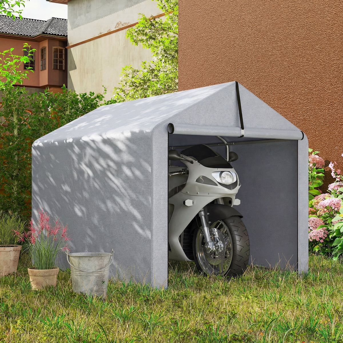Waterproof garden shed with roll-up zipper door, gray fabric, motorcycle stored inside