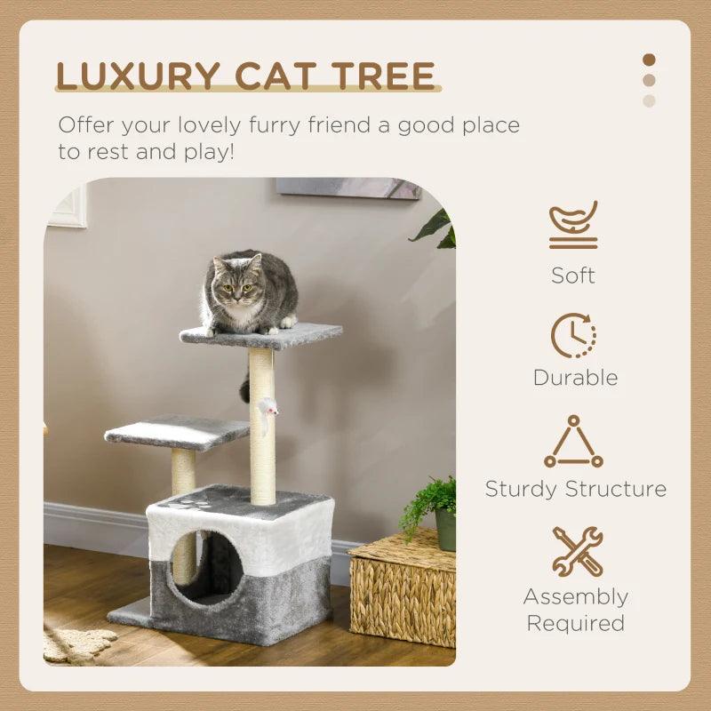 PawHut Cat Tree with Sisal Scratching Posts, House, Perches, Toy Mouse - Grey | Interactive Cat Furniture for Entertainment and Exercise - ALL4U RETAILER LTD