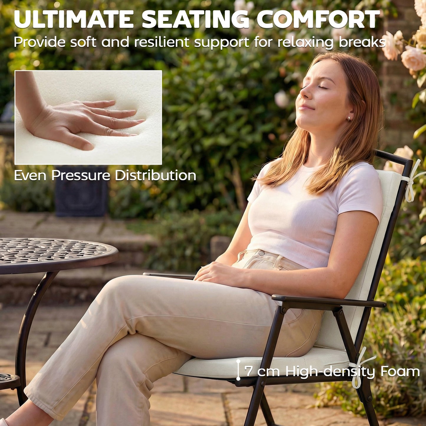 Outsunny Outdoor Seat Cushions Set Of 2 With Ties Waterproof Garden Pads Cream White 7cm Thick High Density Foam