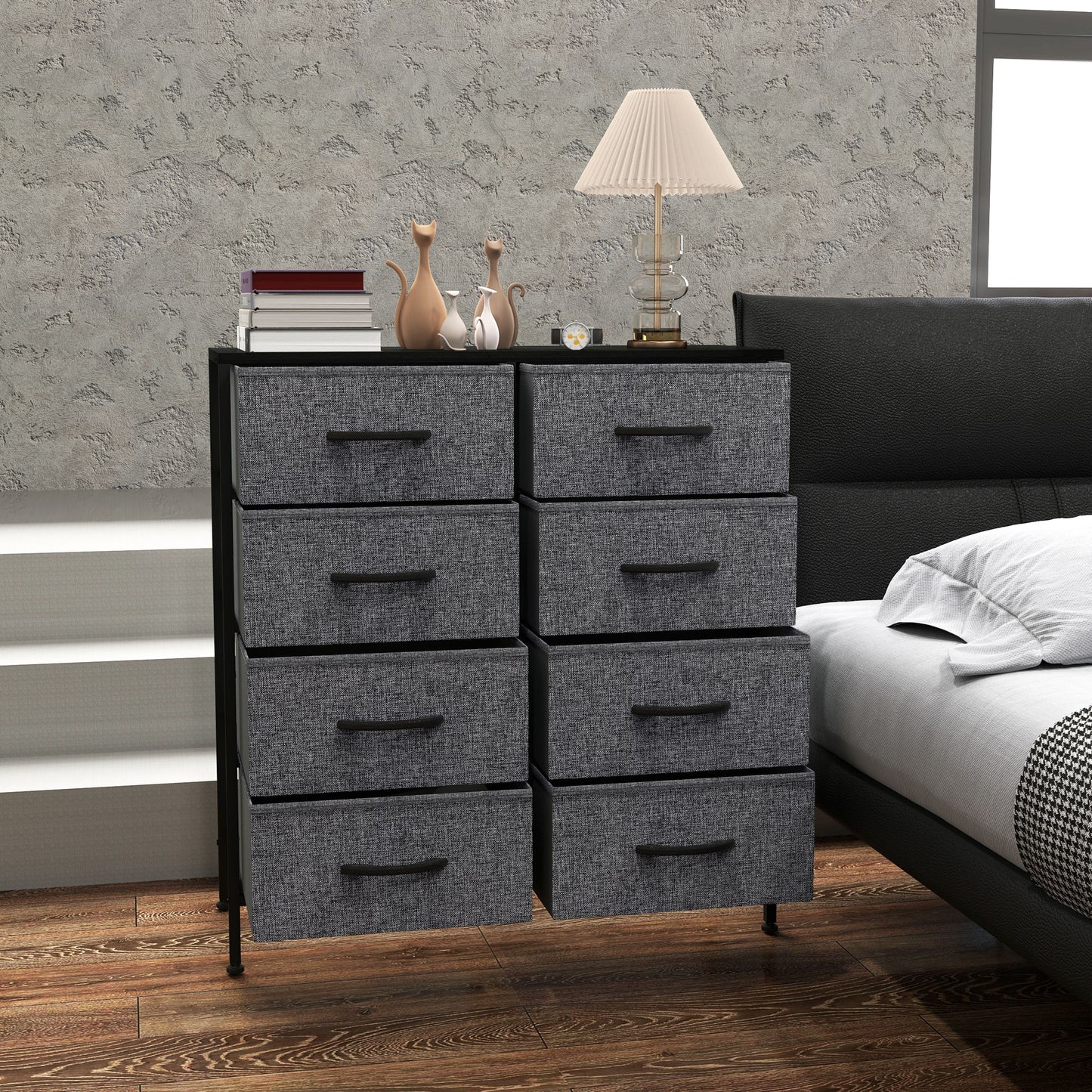 HOMCOM Fabric Chest Of Drawers With 8 Fabric Drawers Steel Frame Wooden Top For Nursery Living Room Hallway Black