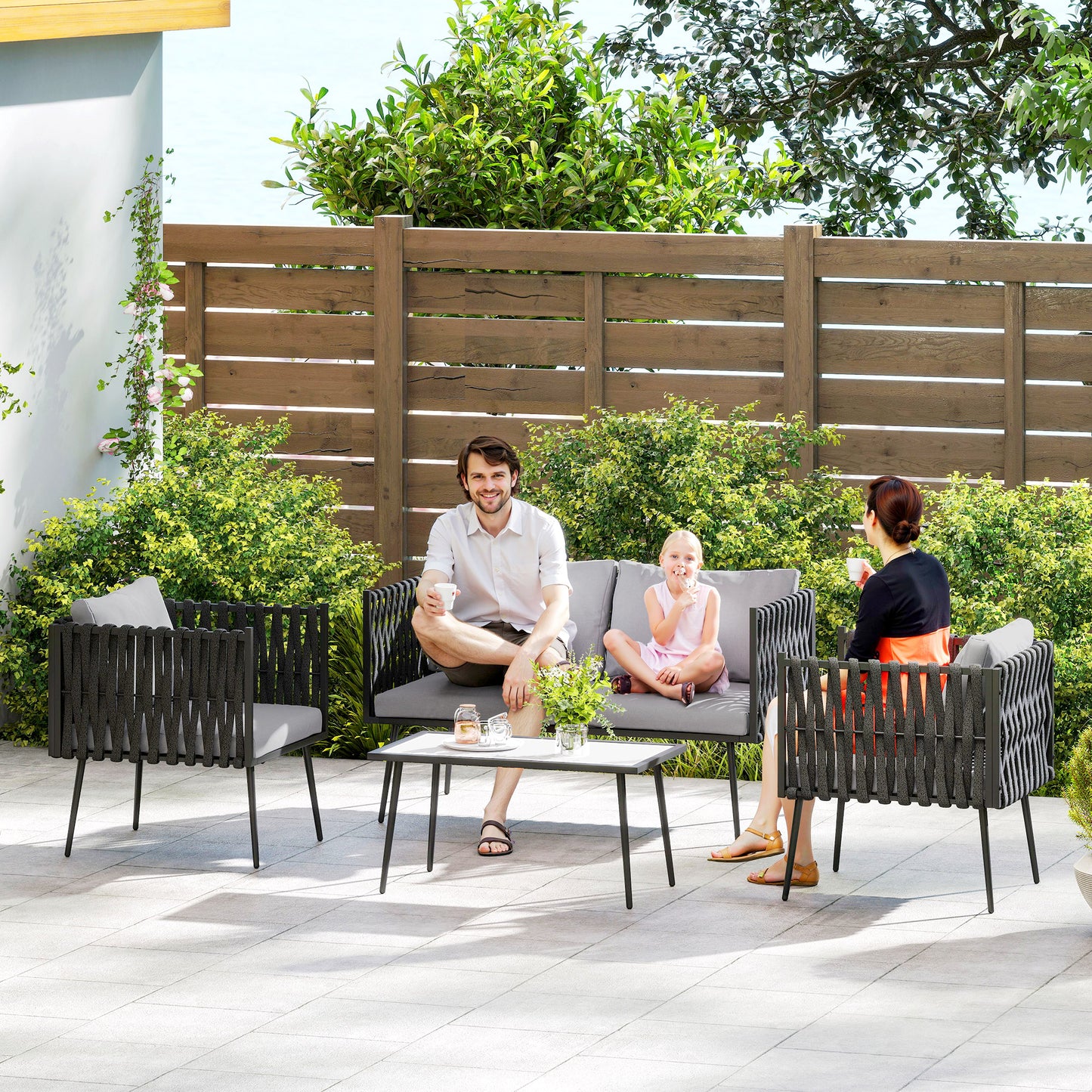 Outsunny 4 Piece Garden Furniture Set With Cushions And Faux Marble Tabletop Light Grey