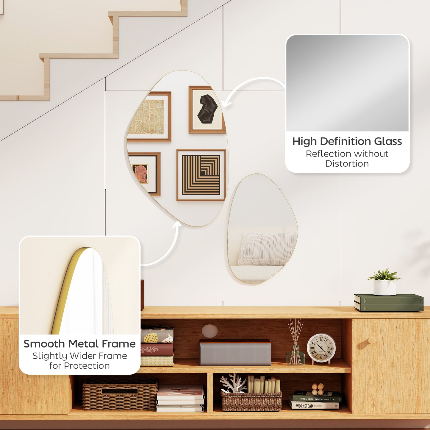 HOMCOM Pebble Shaped Wall Mirror Set Of 2 Gold Tone For Living Room Decor And Modern Wall Accent