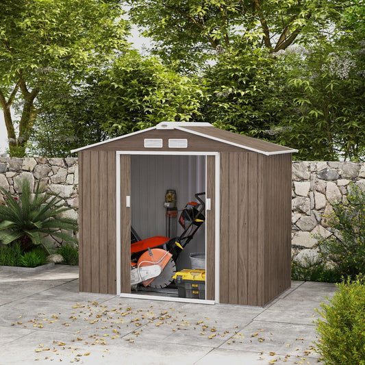 Outsunny 7 x 4ft Metal Garden Storage Shed with Vents, Floor Foundation and Lockable Double Doors, Brown - ALL4U RETAILER LTD