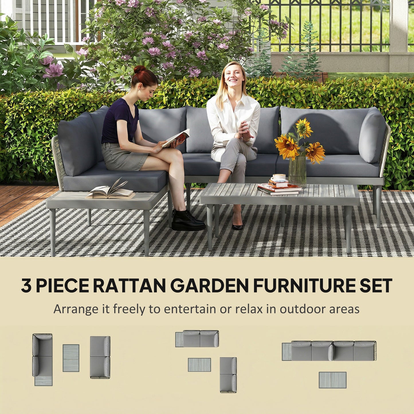 Outsunny Three Piece L Shaped Rattan Sofa Set Grey For Outdoor Patio With Two Loveseats And Long Coffee Table