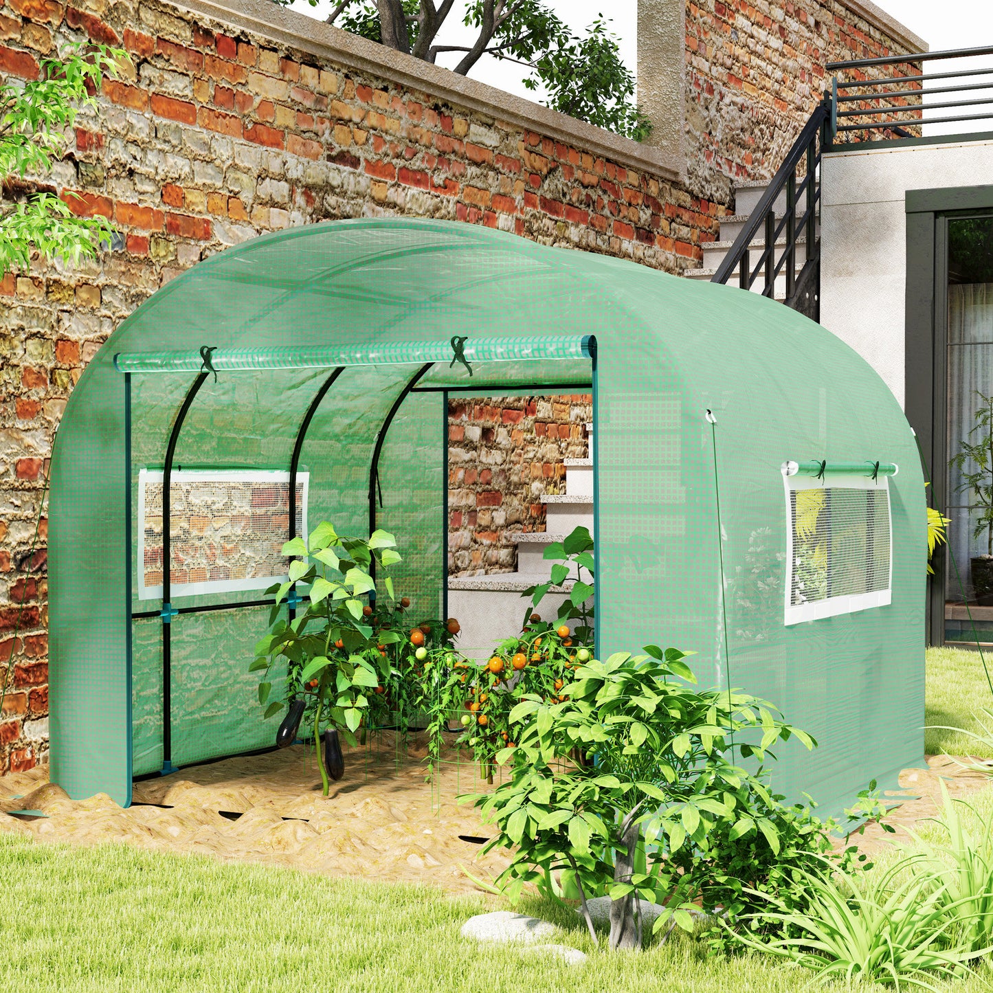 Outsunny 300cm By 300cm Walk In Polytunnel Greenhouse With Zipped Doors And Mesh Windows