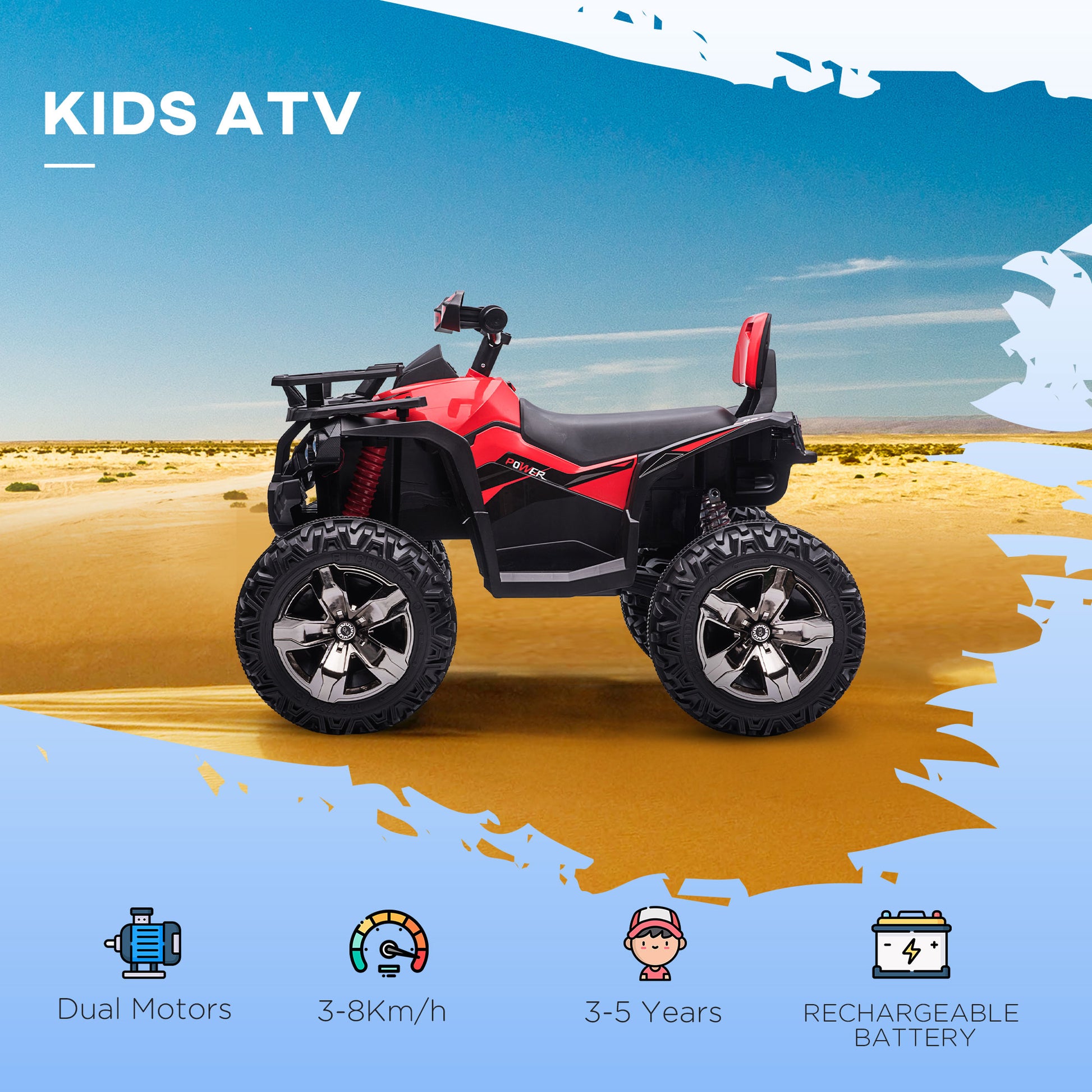 HOMCOM 12V Kids Electric Quad Bike with LED Lights, Music, Backrest, Forward/Backward, Red - ALL4U RETAILER LTD