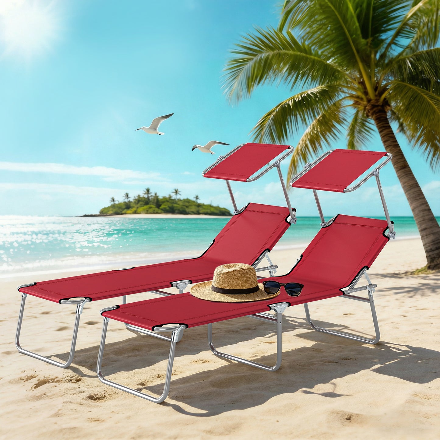 Outsunny Outdoor Foldable Sun Lounger Set Of 2 With Removable Canopy And 4 Level Adjustable Backrests