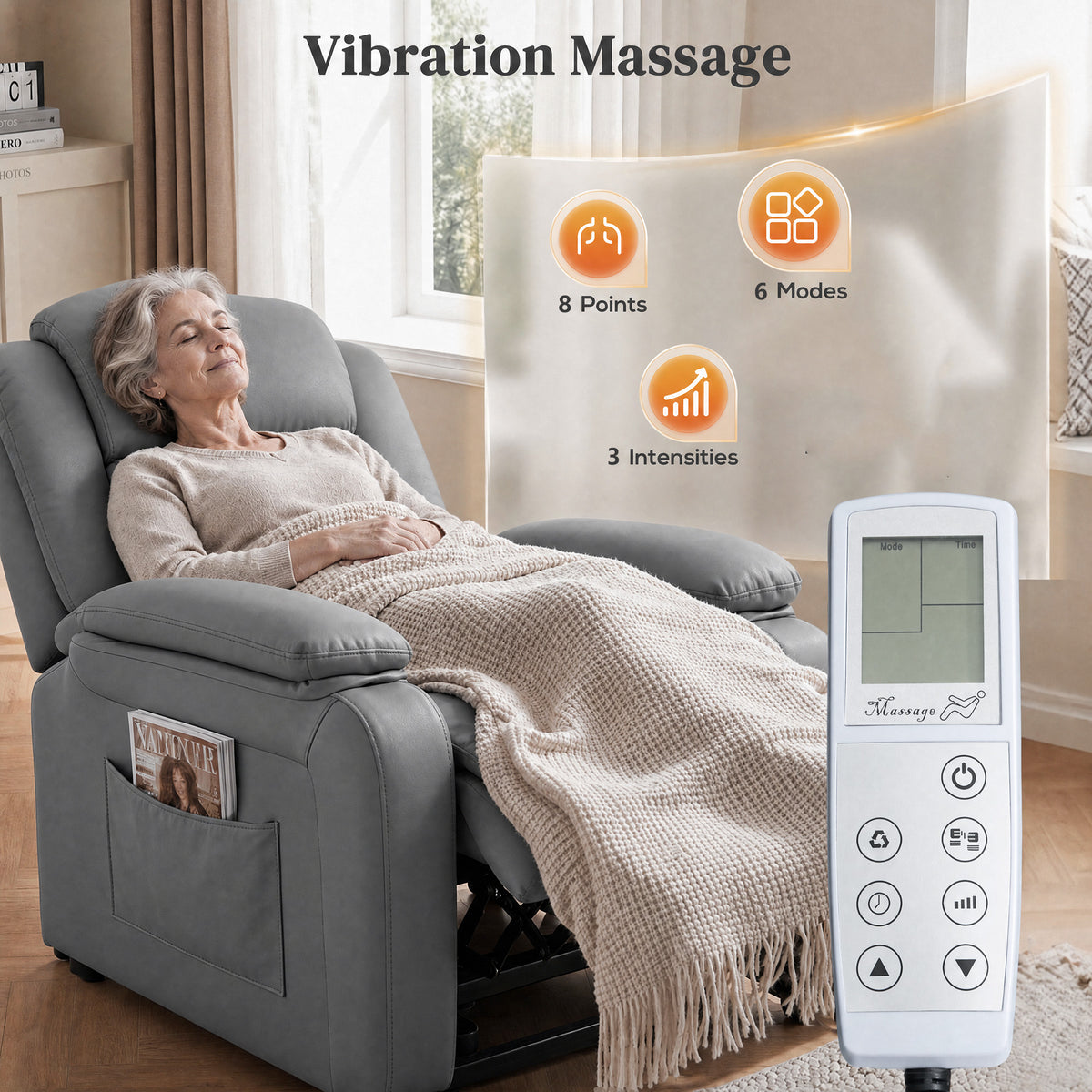 Grey massage power lift recliner with remote showing 8 points and 6 modes