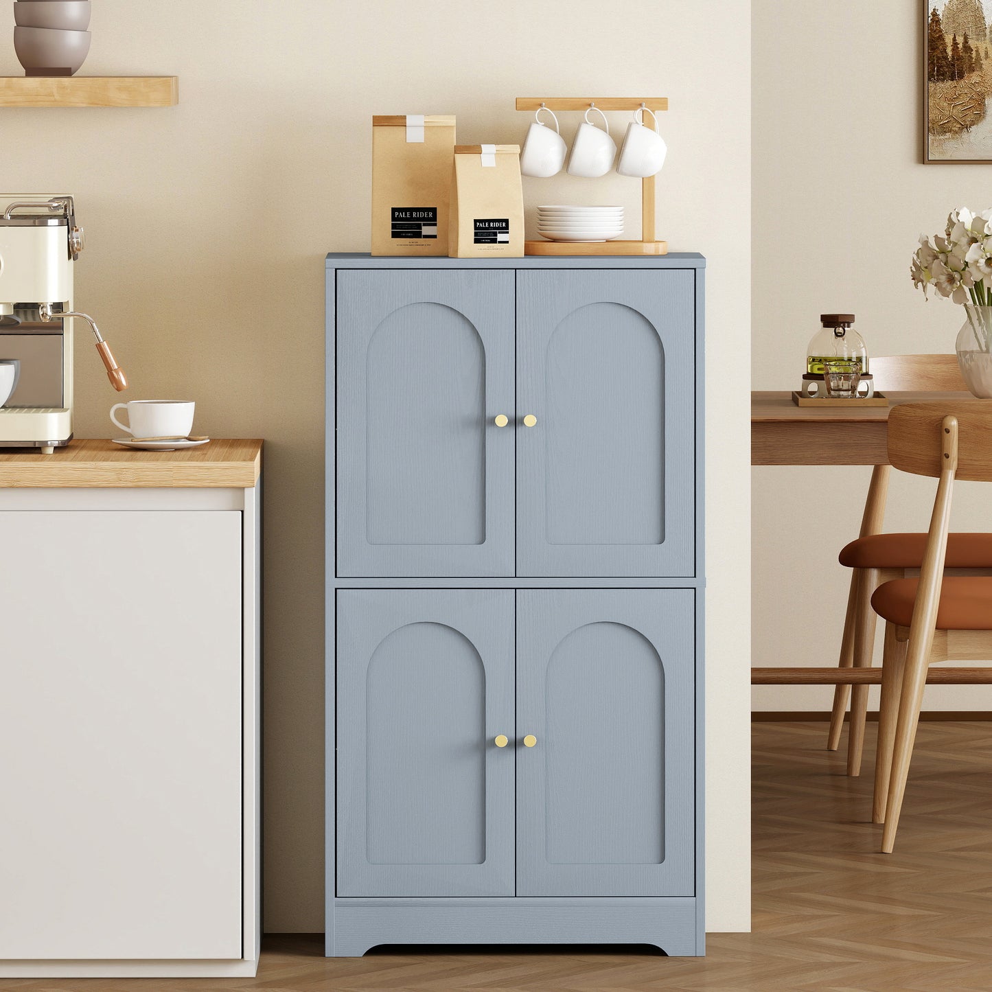 HOMCOM 4 Door Kitchen Storage Cabinet With Adjustable Shelves Grey Arched Door Panels And Gold Tone Handles