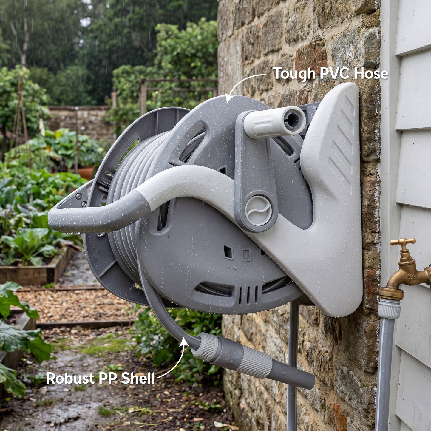 Outsunny Portable Garden Hose Reel 20 Plus 2 Meters Wall Mounted Reel With Two Pattern Nozzle And Crank Grey